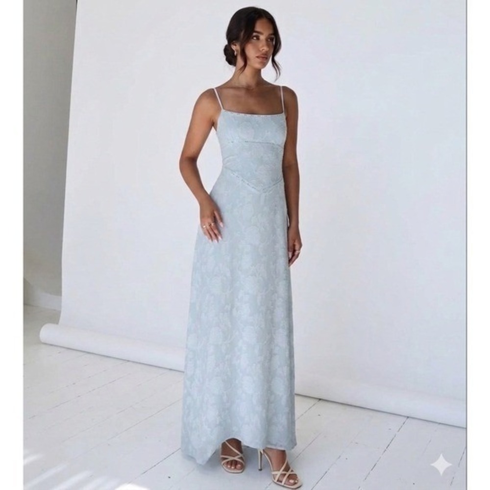 Princess Polly Light Blue Floral Jacquard Maxi Dress Lace Up Back US 12 - Picture 2 of 7